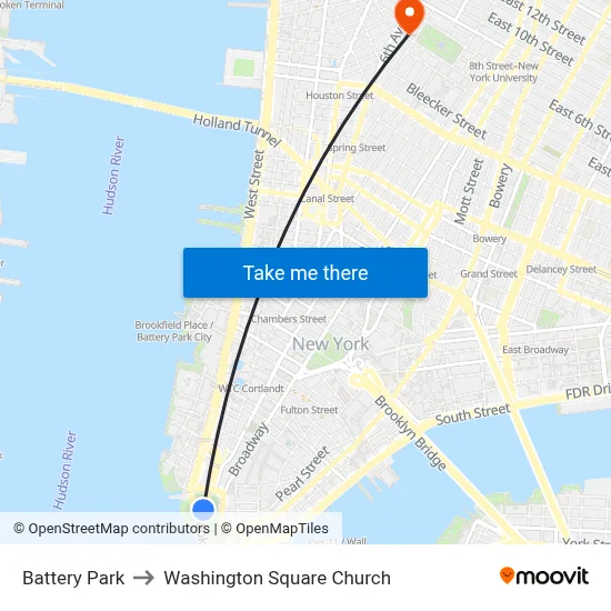Battery Park to Washington Square Church map
