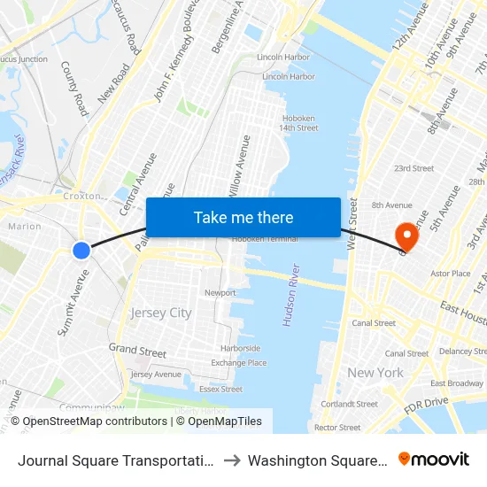 Journal Square Transportation Center to Washington Square Church map