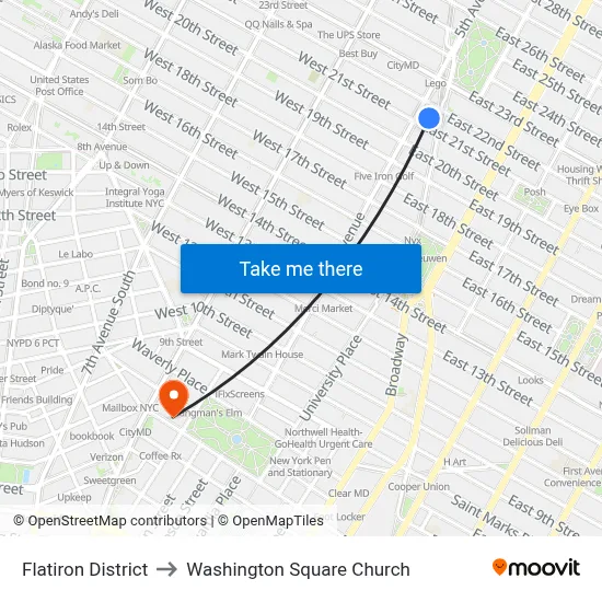 Flatiron District to Washington Square Church map