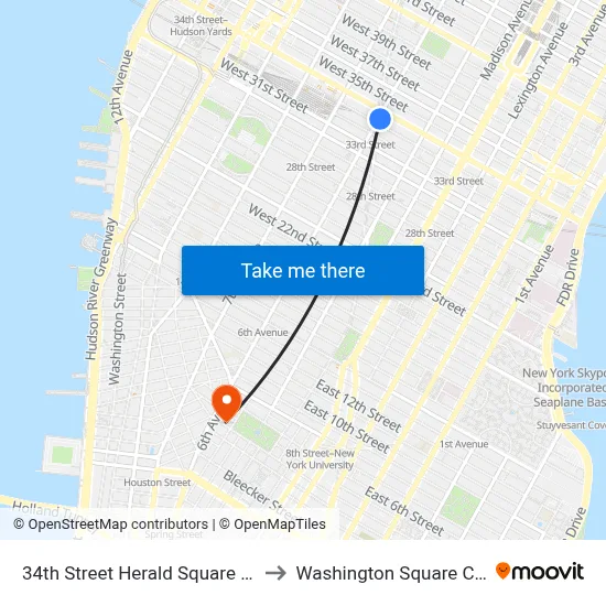 34th Street Herald Square Station to Washington Square Church map