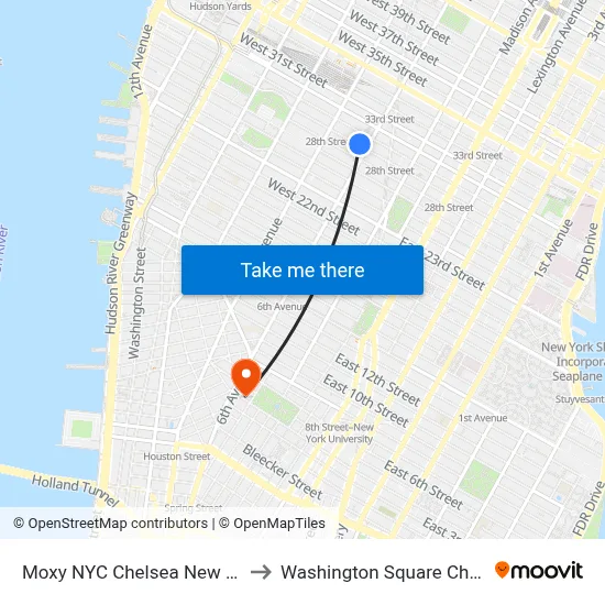 Moxy NYC Chelsea New York to Washington Square Church map