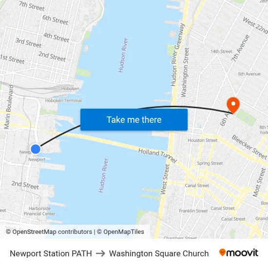 Newport Station PATH to Washington Square Church map