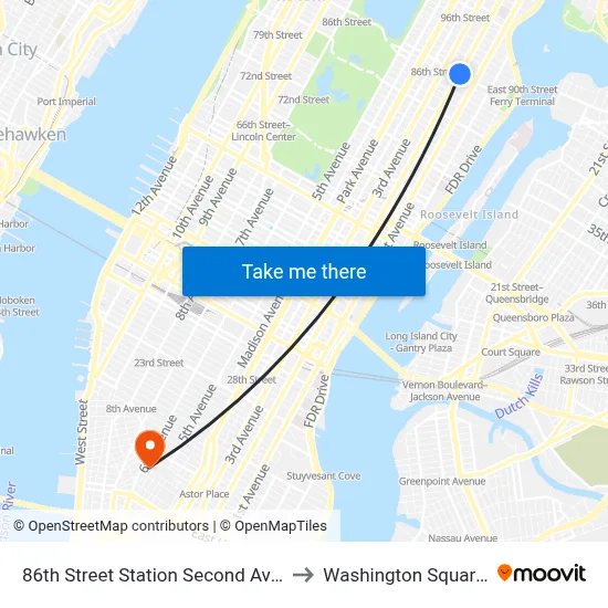 86th Street Station Second Avenue Subway to Washington Square Church map
