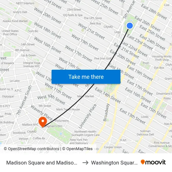 Madison Square and Madison Square Park to Washington Square Church map