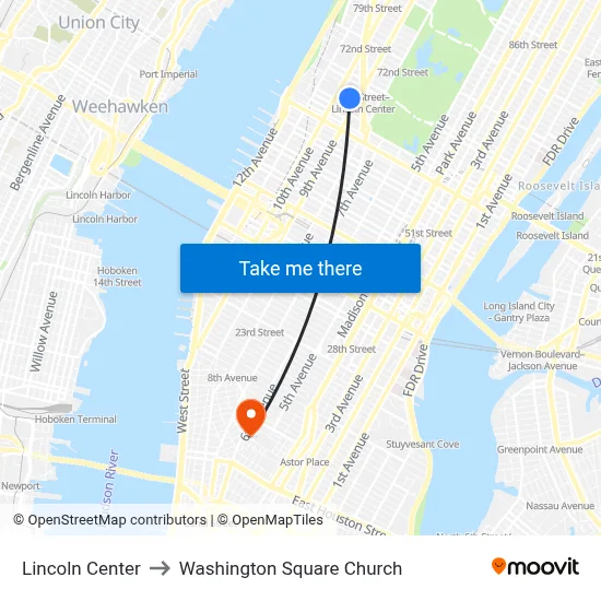Lincoln Center to Washington Square Church map
