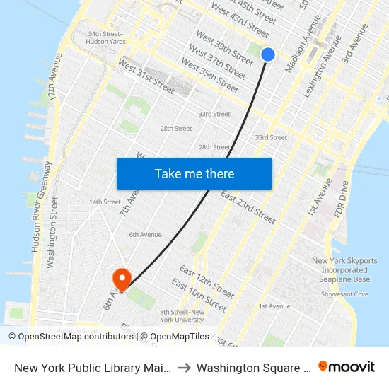 New York Public Library Main Branch to Washington Square Church map