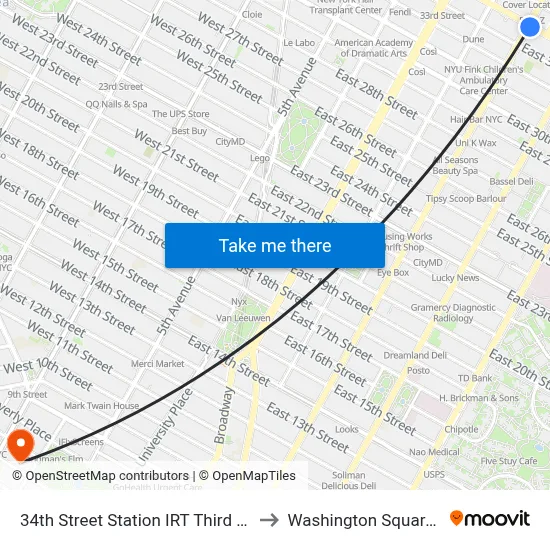 34th Street Station IRT Third Avenue Line to Washington Square Church map