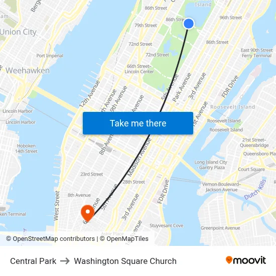 Central Park to Washington Square Church map
