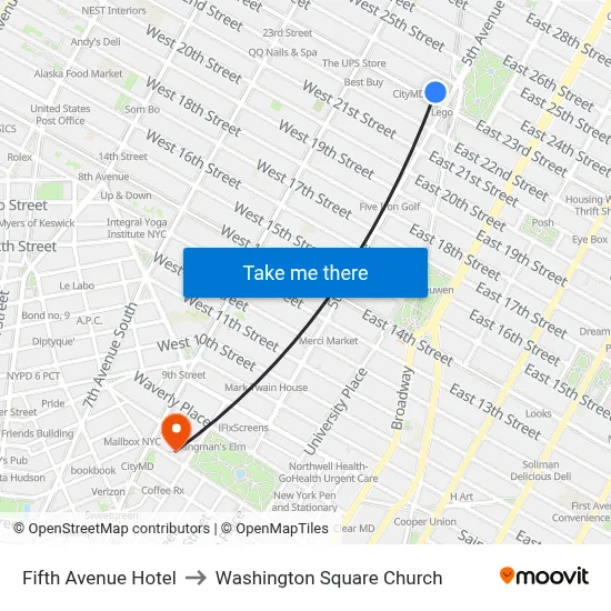 Fifth Avenue Hotel to Washington Square Church map
