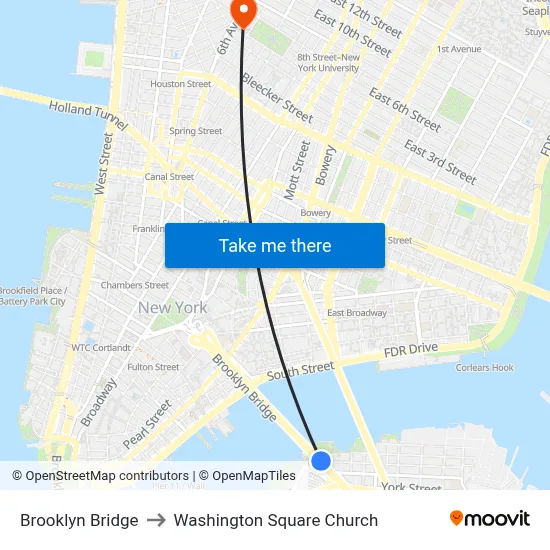 Brooklyn Bridge to Washington Square Church map