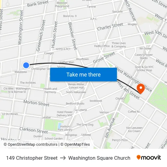 149 Christopher Street to Washington Square Church map