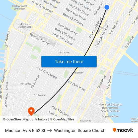Madison Av & E 52 St to Washington Square Church map