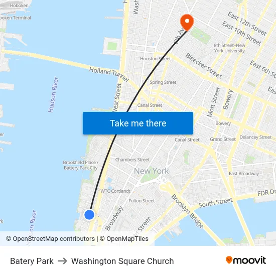 Batery Park to Washington Square Church map