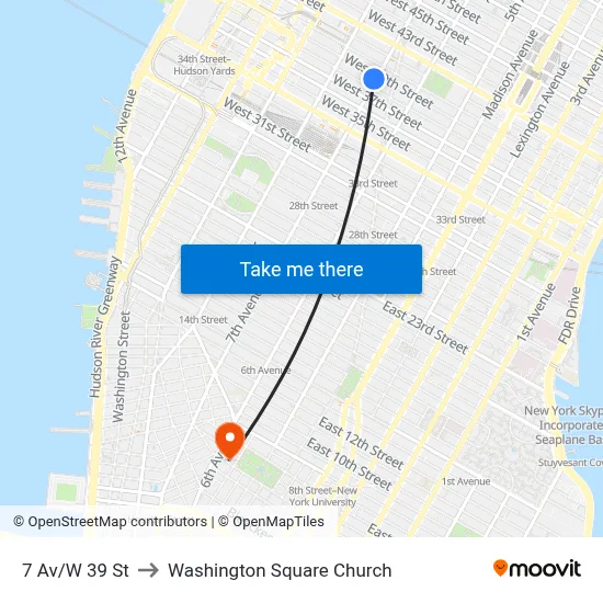 7 Av/W 39 St to Washington Square Church map