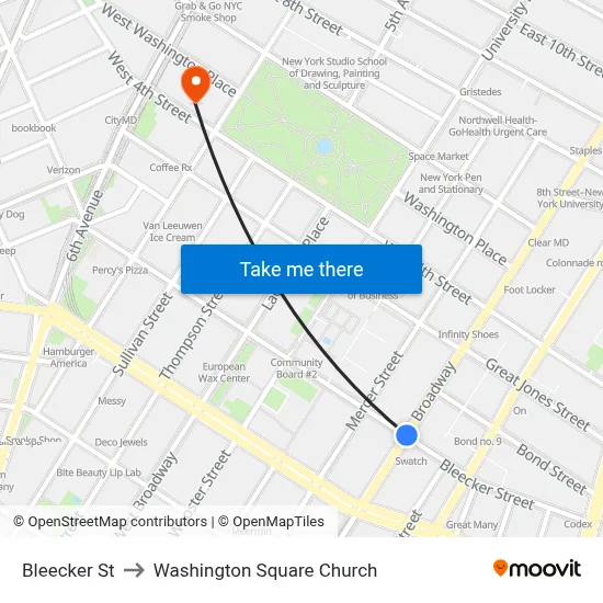 Bleecker St, New York, NY 10012 to Washington Square Church map