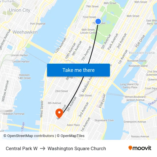 Central Park W to Washington Square Church map