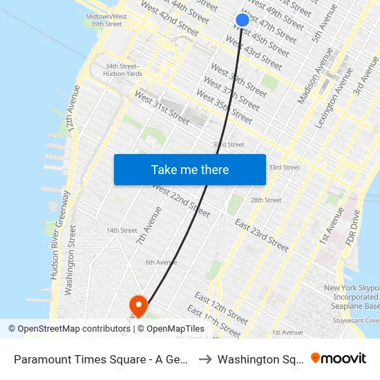 Paramount Times Square - A Generator Hotel, New York to Washington Square Church map