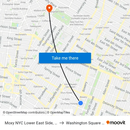 Moxy NYC Lower East Side, New York to Washington Square Church map