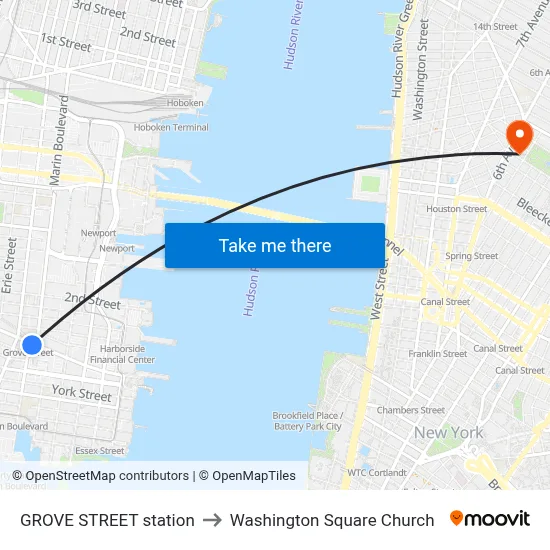 GROVE STREET station to Washington Square Church map