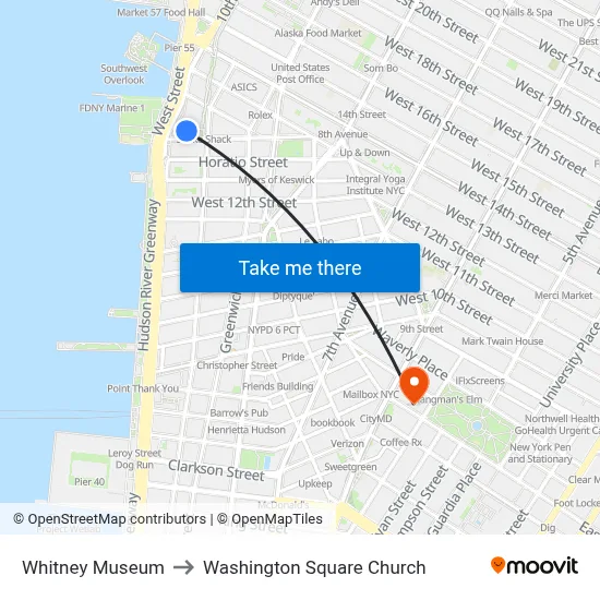 Whitney Museum to Washington Square Church map