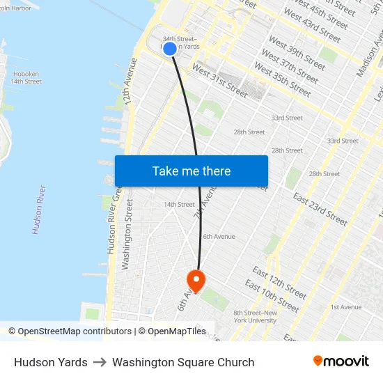 Hudson Yards to Washington Square Church map