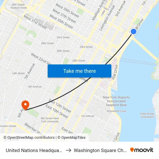 United Nations Headquarters to Washington Square Church map