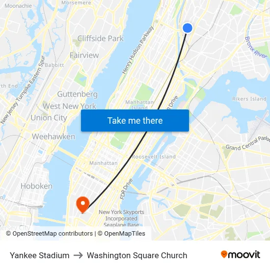 Yankee Stadium to Washington Square Church map