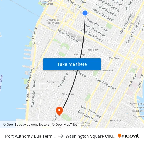 Port Authority Bus Terminal to Washington Square Church map