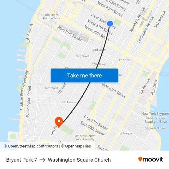 Bryant Park 7 to Washington Square Church map