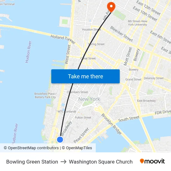 Bowling Green Station to Washington Square Church map