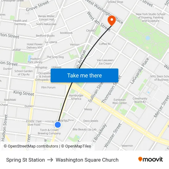 Spring St Station to Washington Square Church map