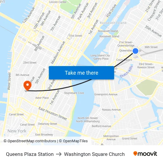 Queens Plaza Station to Washington Square Church map