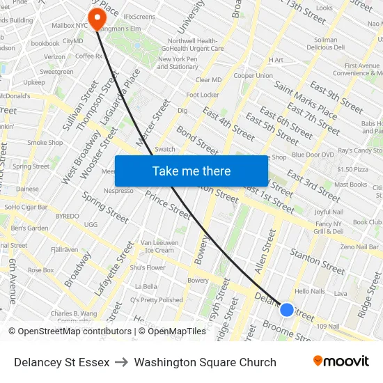 Delancey St Essex, New York, NY 10002 to Washington Square Church map