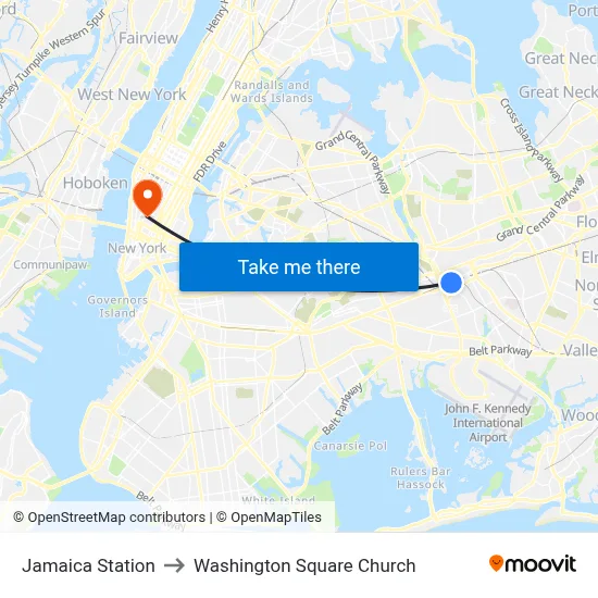 Jamaica Station to Washington Square Church map