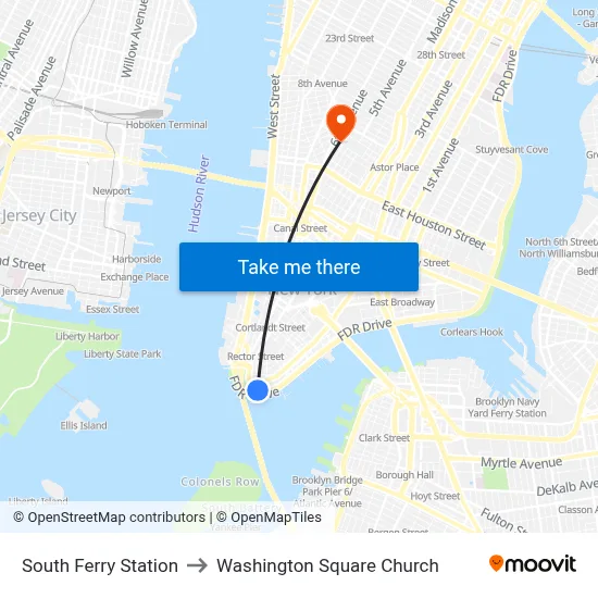 South Ferry Station to Washington Square Church map