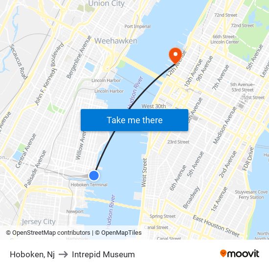 Hoboken, Nj to Intrepid Museum map