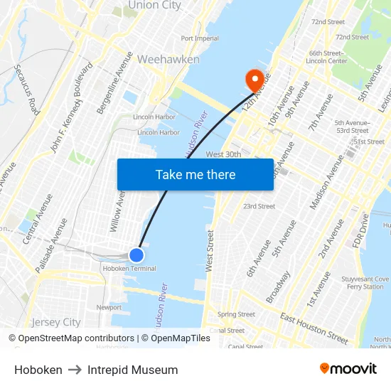 Hoboken to Intrepid Museum map