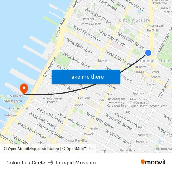 Columbus Circle to Intrepid Museum map