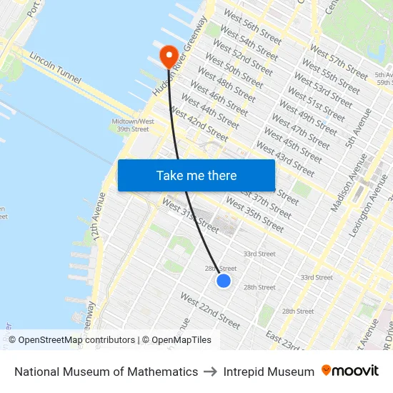 National Museum of Mathematics, 134 W 26th St to Intrepid Museum map