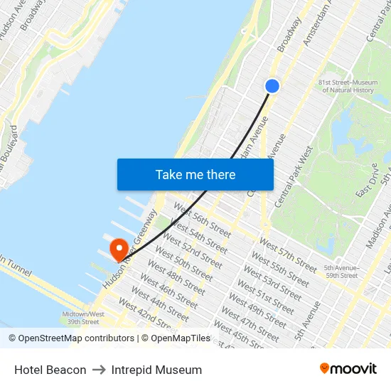 Hotel Beacon to Intrepid Museum map