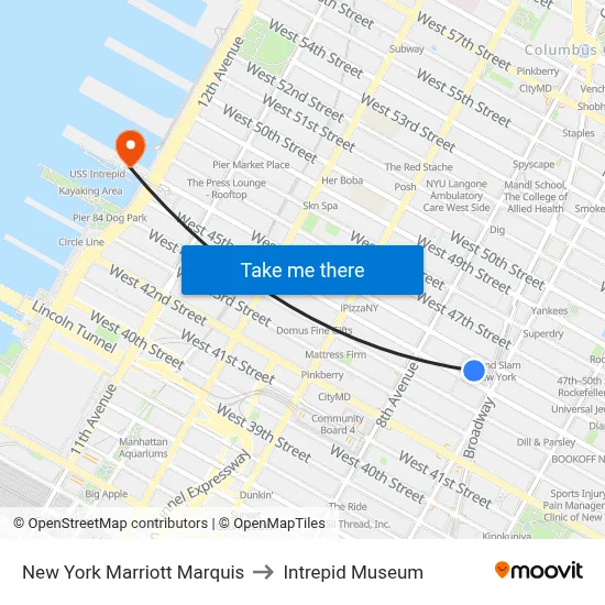 New York Marriott Marquis to Intrepid Museum map
