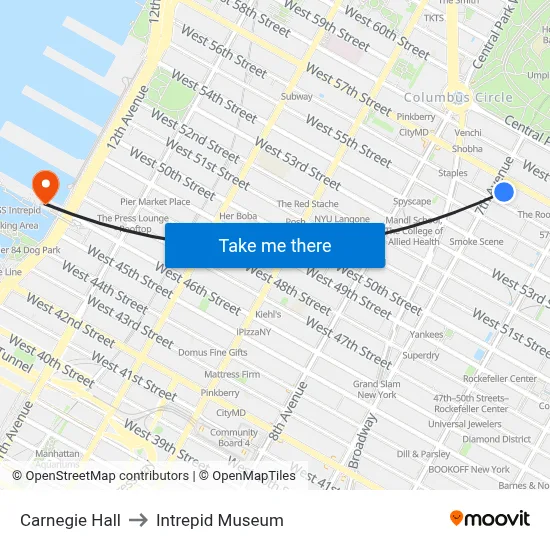 Carnegie Hall to Intrepid Museum map