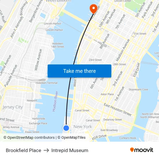 Brookfield Place to Intrepid Museum map