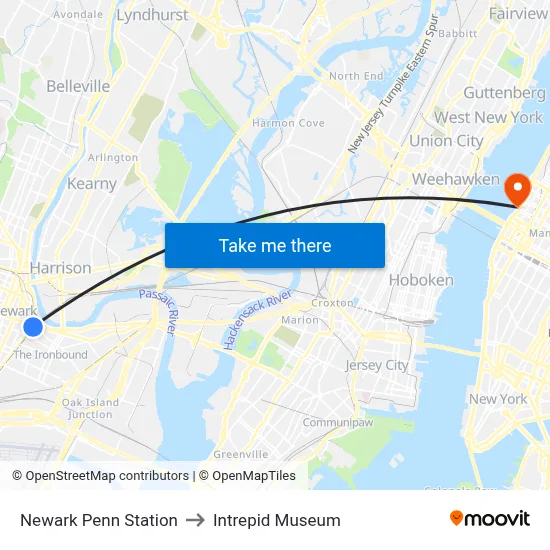 Newark Penn Station to Intrepid Museum map
