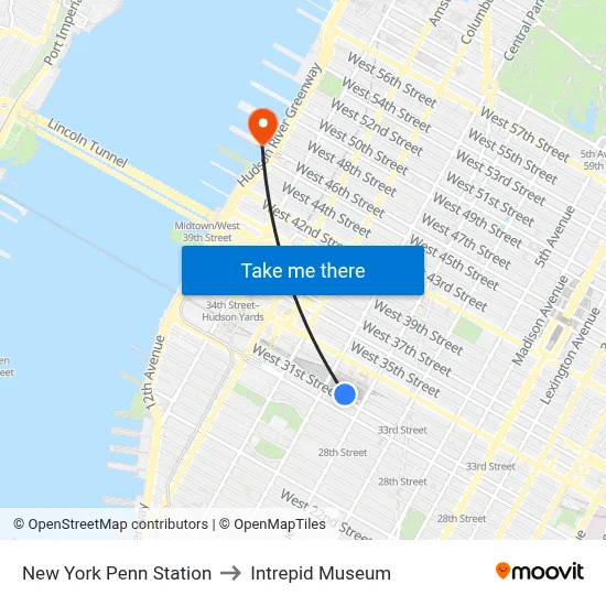 New York Penn Station to Intrepid Museum map