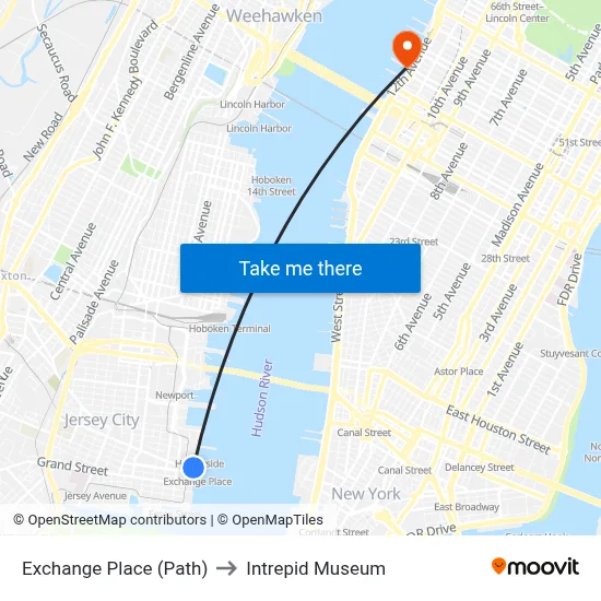 Exchange Place (Path) to Intrepid Museum map