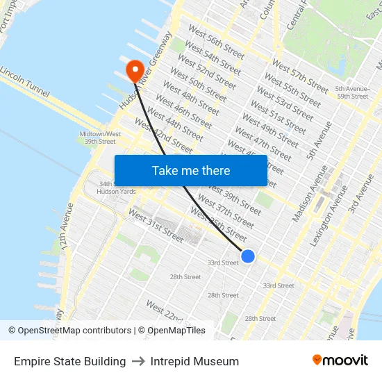 Empire State Building to Intrepid Museum map