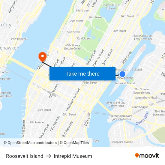 Roosevelt Island to Intrepid Museum map