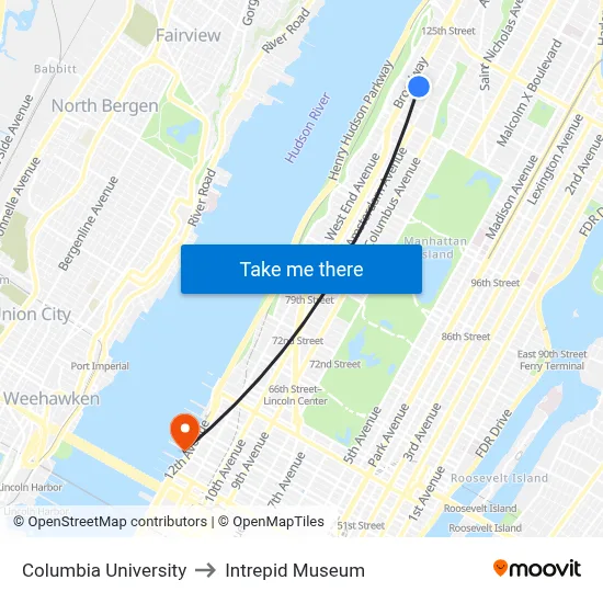 Columbia University to Intrepid Museum map