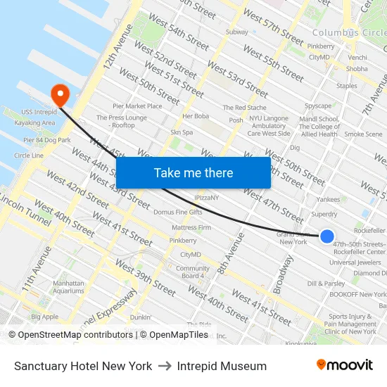 Sanctuary Hotel New York to Intrepid Museum map
